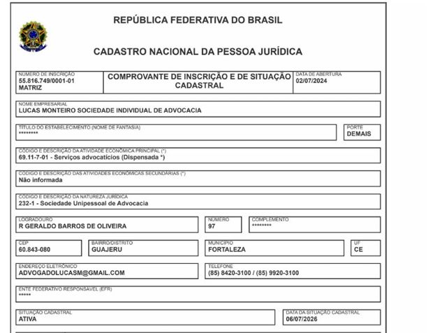 Comprovante de inscrição do CNPJ do escritório